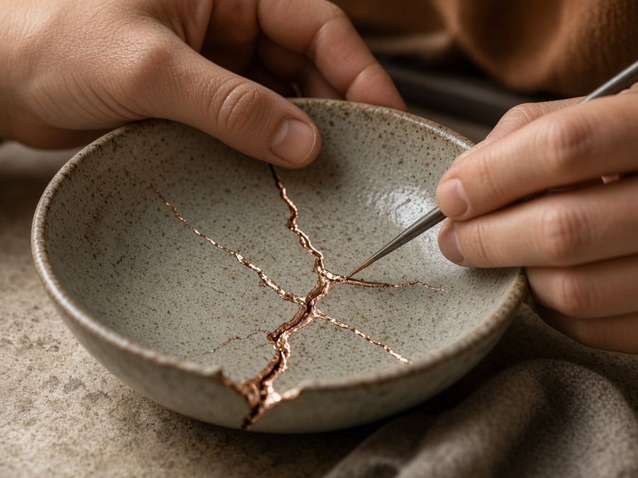 Hands carefully restoring studio work
