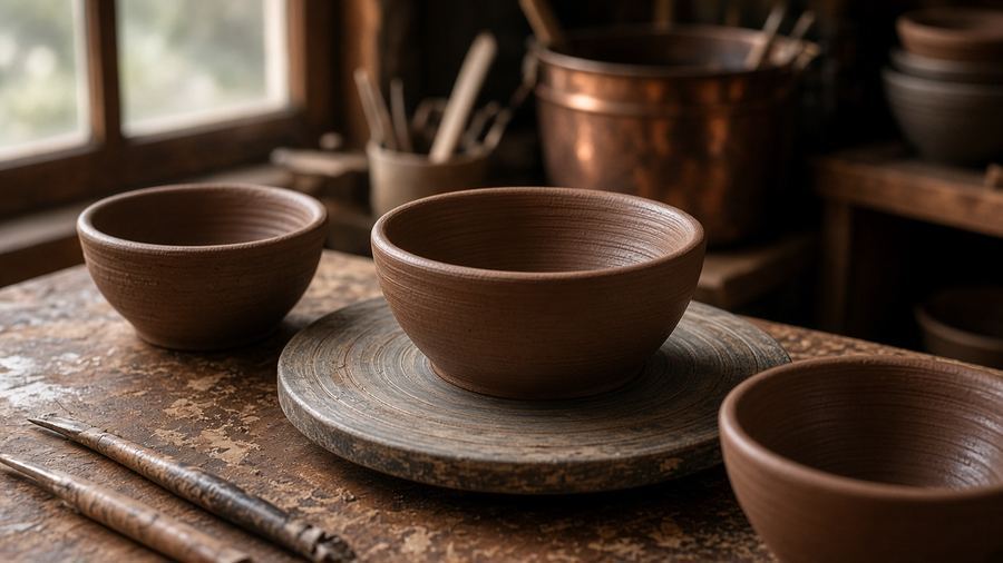 Clay forms and studio light across the bench