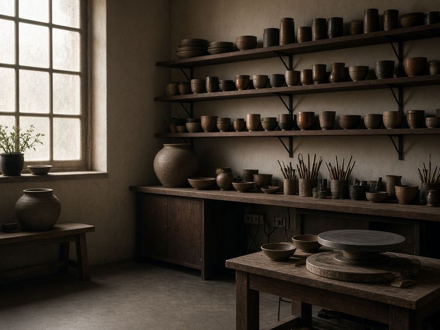 Studio room with finished work on shelves